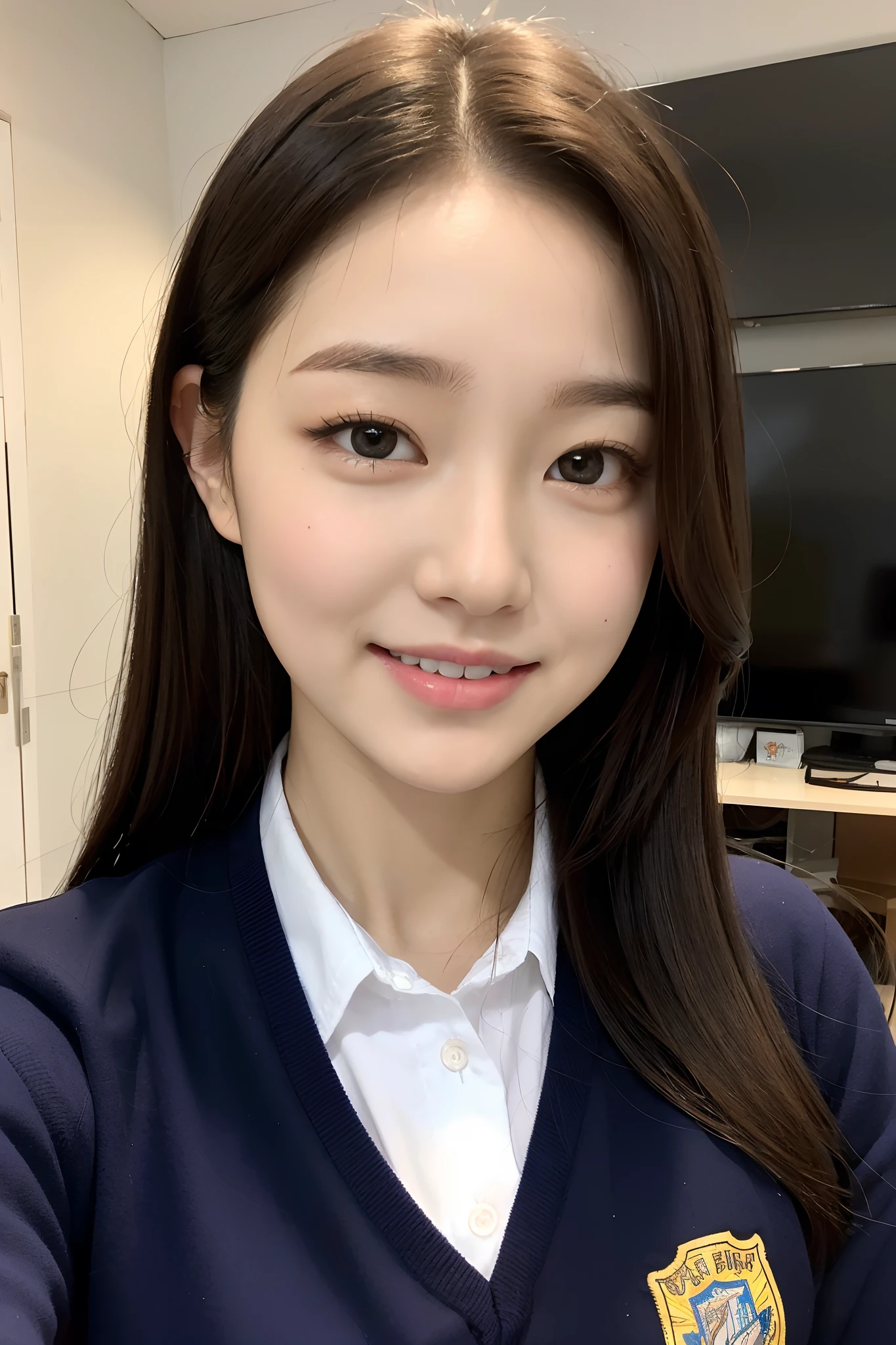 (masutepiece:1.3), (8K, Photorealistic, Raw photo, Best Quality: 1.4), Japanese, (1girl in), Beautiful face, (Realistic face), (Black hair), Beautiful hairstyle, Realistic eyes, Beautiful detailed eyes, (Realistic skin), Beautiful skin, Attractive, 超A high resolution, A hyper-realistic, Highly detailed, Golden ratio,School uniform.)、1girll、cute little、A smile、a closed mouth、Beautiful details、Beautiful nose in every detail、full body Esbian、wetting hair、Colossal Dalsepho、pork meat、student clothes、thighs thighs thighs thighs