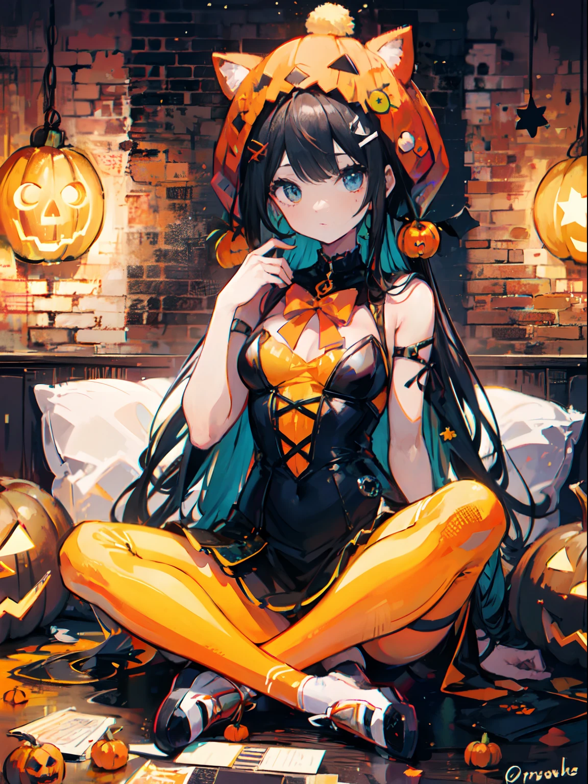 girl with orenge tied hair and a pumpkin hat, sit pose, halloween theme,