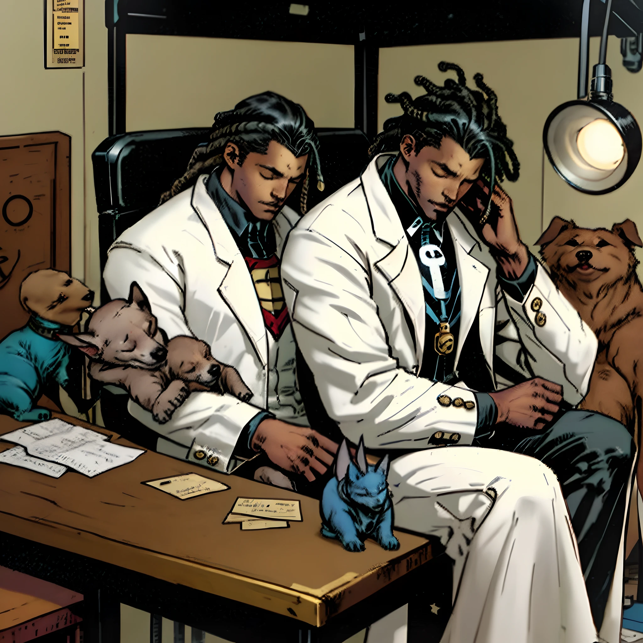 In the style of dc comics, a black man with dreads and white coat sits next to a dog sleeping on a doctor table