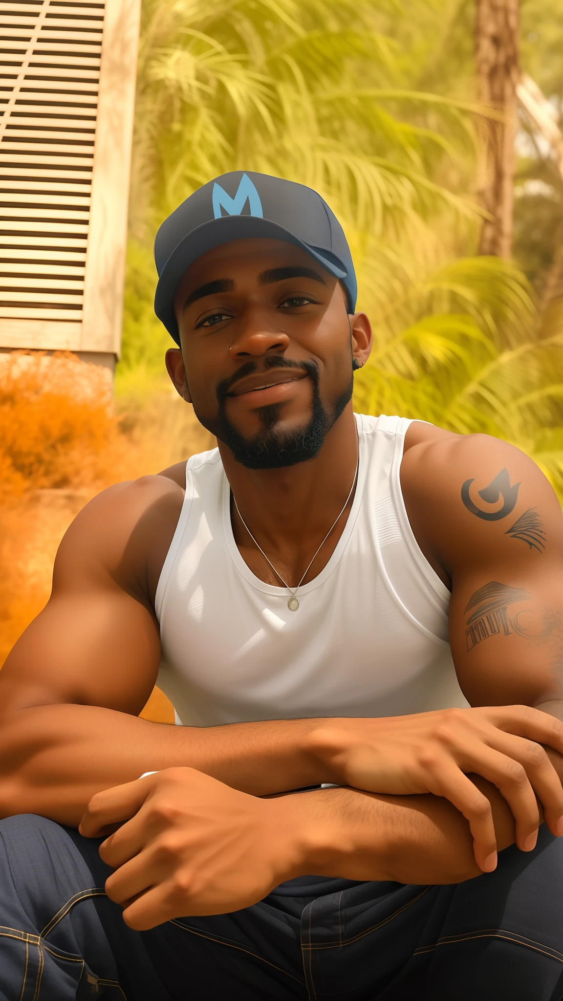 There's a black man in a white tank top, Blue cap with small beard and goatee, foto de perfil , cerca de 30 anos, foto frontal, imagem de perfil, imagem avatar, foto profissional, homem de 30 anos, perfil 3/4