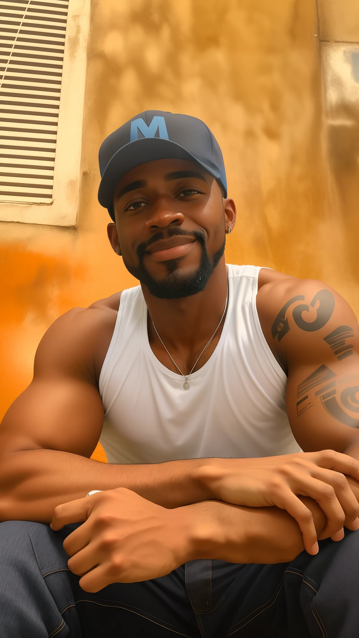 There's a black man in a white tank top, Blue cap with small beard and goatee, foto de perfil , cerca de 30 anos, foto frontal, imagem de perfil, imagem avatar, foto profissional, homem de 30 anos, perfil 3/4