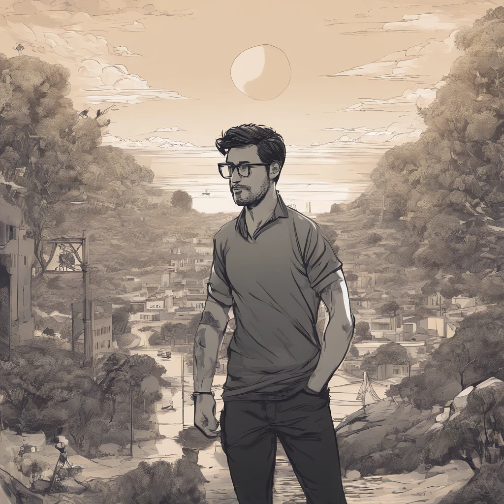 um homem de 26 anos, cabelo cor preto, Medium length hair, Hair slightly back, cabelo com topete, barba aparada, rosto masculino, sorriso bonito, sorrindo, Prescription glasses with transparent and modern frame, camiseta preta com gola polo, Nature Tree Image Background, ::style pixar cartoon