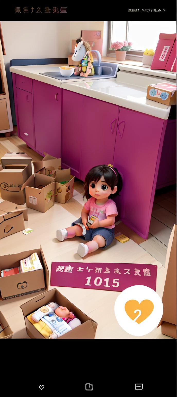 A baby of 1 year and 2 months , Girl sitting on the floor with boxes next to her