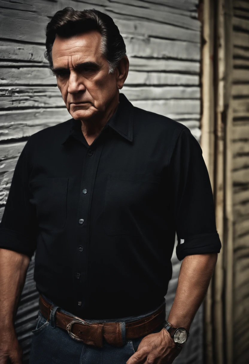 Johnny Cash, the man wearing a black t-shirt, short sleeve, stands in front of a graphitti art street. His hands are casually tucked into his pockets as he stares directly into the camera, his intense gaze capturing the attention of all who see it. The red light adds a haunting quality to the scene, making it truly unforgettable.
