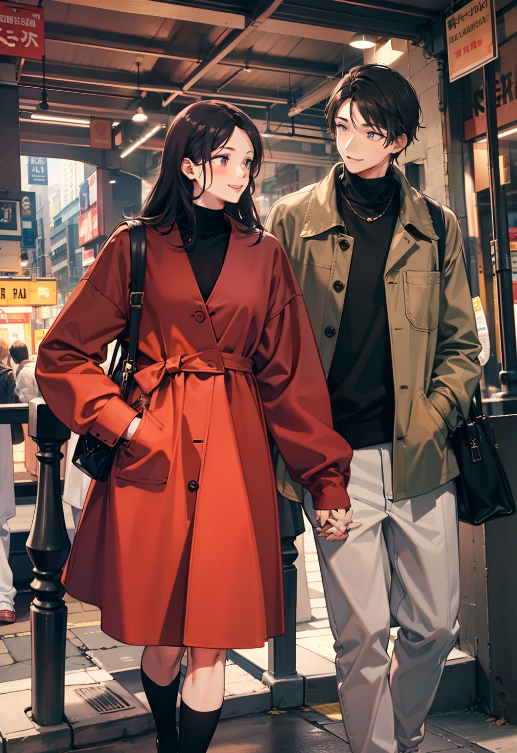 masterpiece, best quality, 2others, couple, 1man with 1woman, mature, adult, Height difference, different fashion, different color, finely detailed eyes and detailed face, intricate details, casual clothes, oversized shirt, modern urban street, holding hands, smile, happy, love