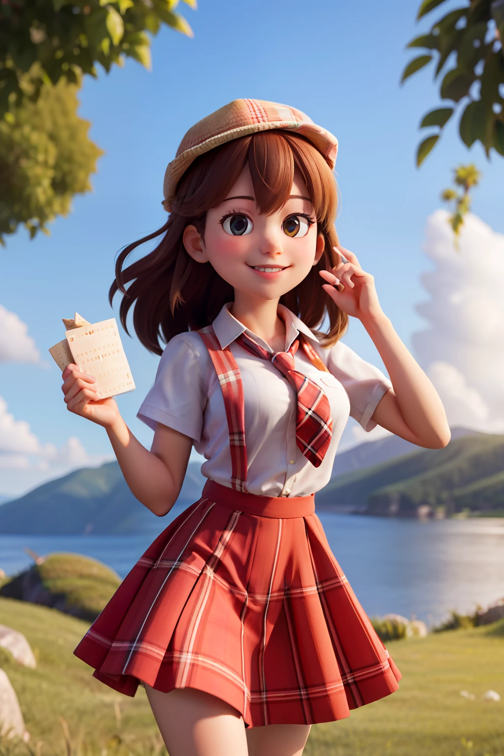 masterpiece, high quality best quality,1girl, bangs, beach, blue_sky, blush, bow, breasts, checkered, checkered_shirt, checkered_skirt, cloud, cloudy_sky, collarbone, day, envelope, giving, grass, hair_bow, heart, holding, holding_letter, horizon, incoming_gift, kazami_yuuka, leaning_forward, lens_flare, letter, light_rays, long_hair, looking_at_viewer, love_letter, mountain, mountainous_horizon, ocean, outdoors, plaid, plaid_background, plaid_bikini, plaid_bow, plaid_bowtie, plaid_bra, plaid_dress, plaid_headwear, plaid_jacket, plaid_legwear, plaid_necktie, plaid_neckwear, plaid_panties, plaid_pants, plaid_ribbon, plaid_scarf, plaid_shirt, plaid_skirt, plaid_vest, pov, shirt, skirt, sky, smile, solo, sun, sunbeam, sunlight, tree, unmoving_pattern