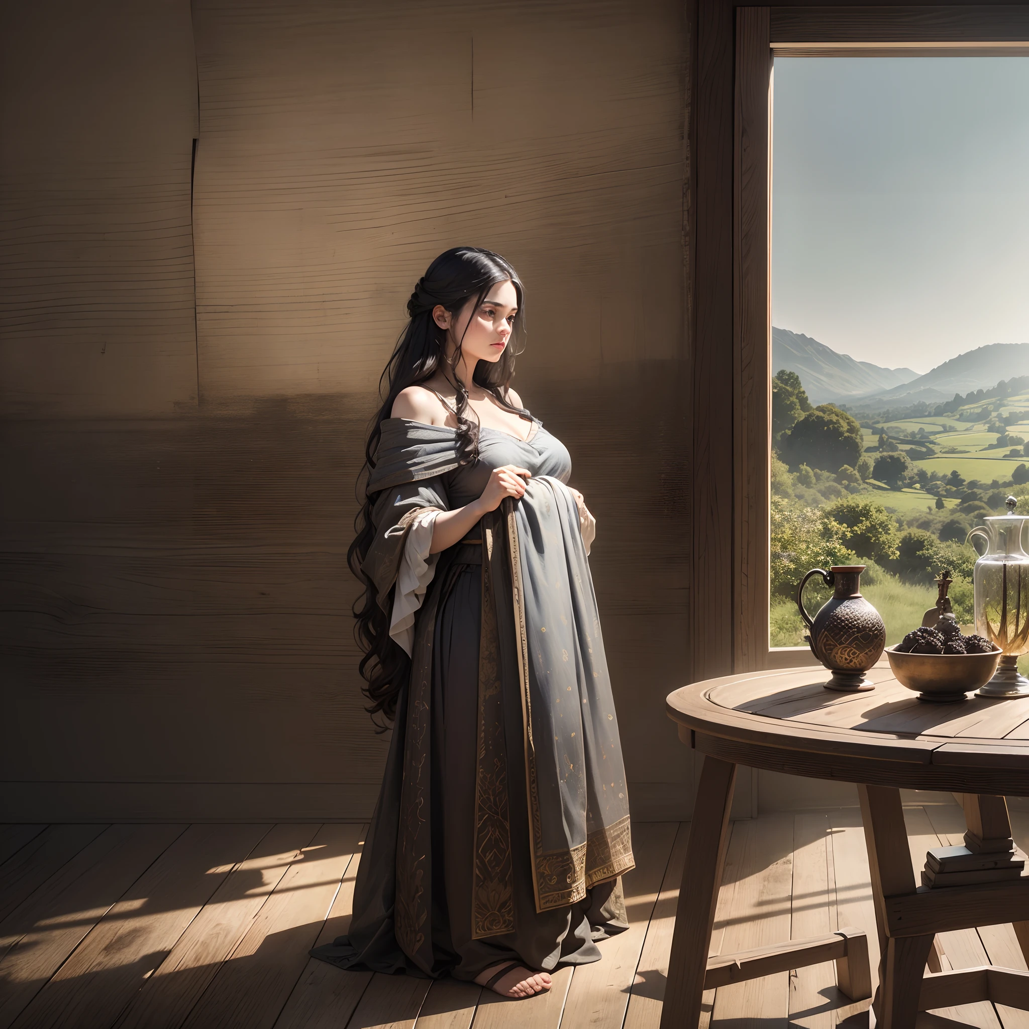 A woman standing looking at the window, wrapped in a cloth from her chest down, showing her face, long hair and shoulders, in an old humble wooden house, in the countryside, with a table and behind her with a jug of wine and a glass, an open window, the light illuminates dust particles, showing a forest and a path, realista, 4k, light,fotorealista,caravaggio,holographic scales, magical glow, extremely realistic, textura realista --auto --s2