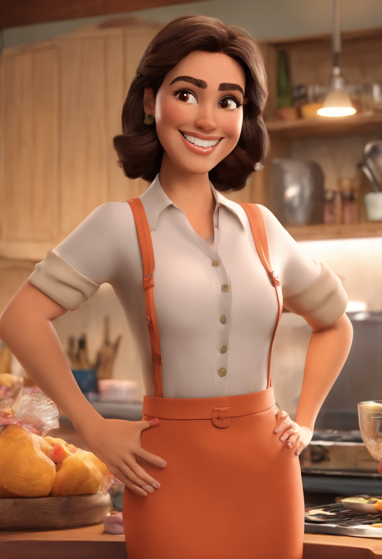 Um post de filme inspirado na Disney Pixar. A cena deve ser no estilo de arte digital distinto da Pixar, with a focus on character expressions, Vibrating Colors, and detailed textures that are characteristic of this animation. 
mulher sorridente sentada em uma mesa com um prato de comida, Alanis Guillen, fernanda suarez, Directed by: Nandor Soldier, Marischa Becker, divertindo-se, Lorena Avarez, foto de baixa qualidade, imagem de perfil, She is grinning, imagem de qualidade muito baixa, happily smiling at the camera, Malika Favre, bonito e sorridente