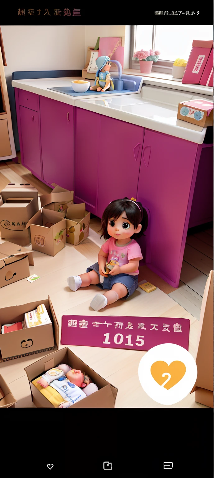 A baby of 1 year and 2 months , Girl sitting on the floor with boxes next to her