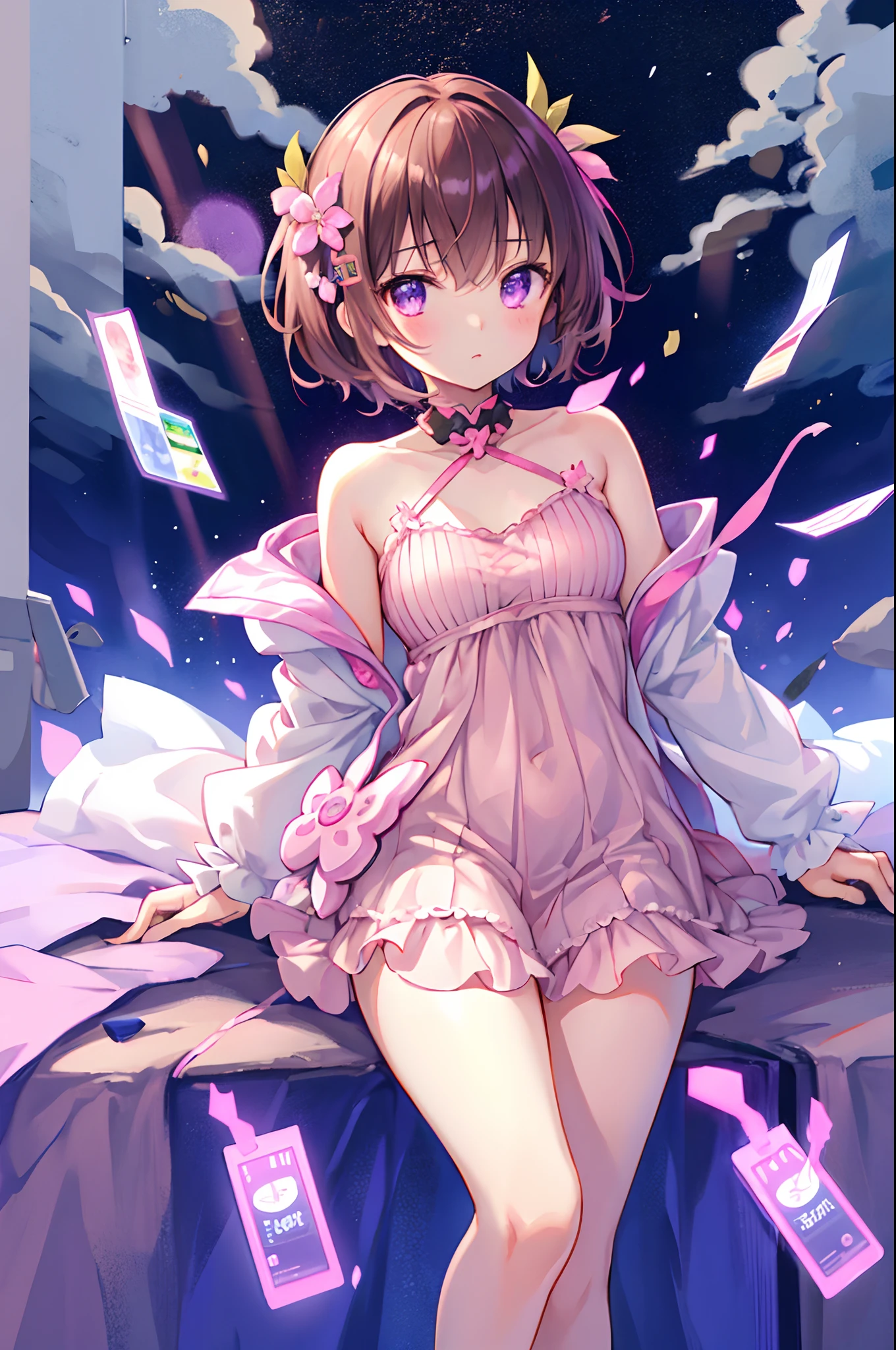 mikazukishizuka, <lora:zom100_ponyxl_v4:0.8>, 1girl, loose hair strand, solo, pink eyes, purple hair, short hair, hairclip, close-up, small breasts, arms behind back, (petite), BREAK
bioluminescent, bioluminescent skirt, bioluminescent veil, BREAK
outdoors, night, dark, glowing, grass, field, falling petals, petals, glowing leaves, BREAK
<lora:bioluminescent_dress-PD-1.0:1>, score_9, score_8_up, score_7_up, score_6_up, anime