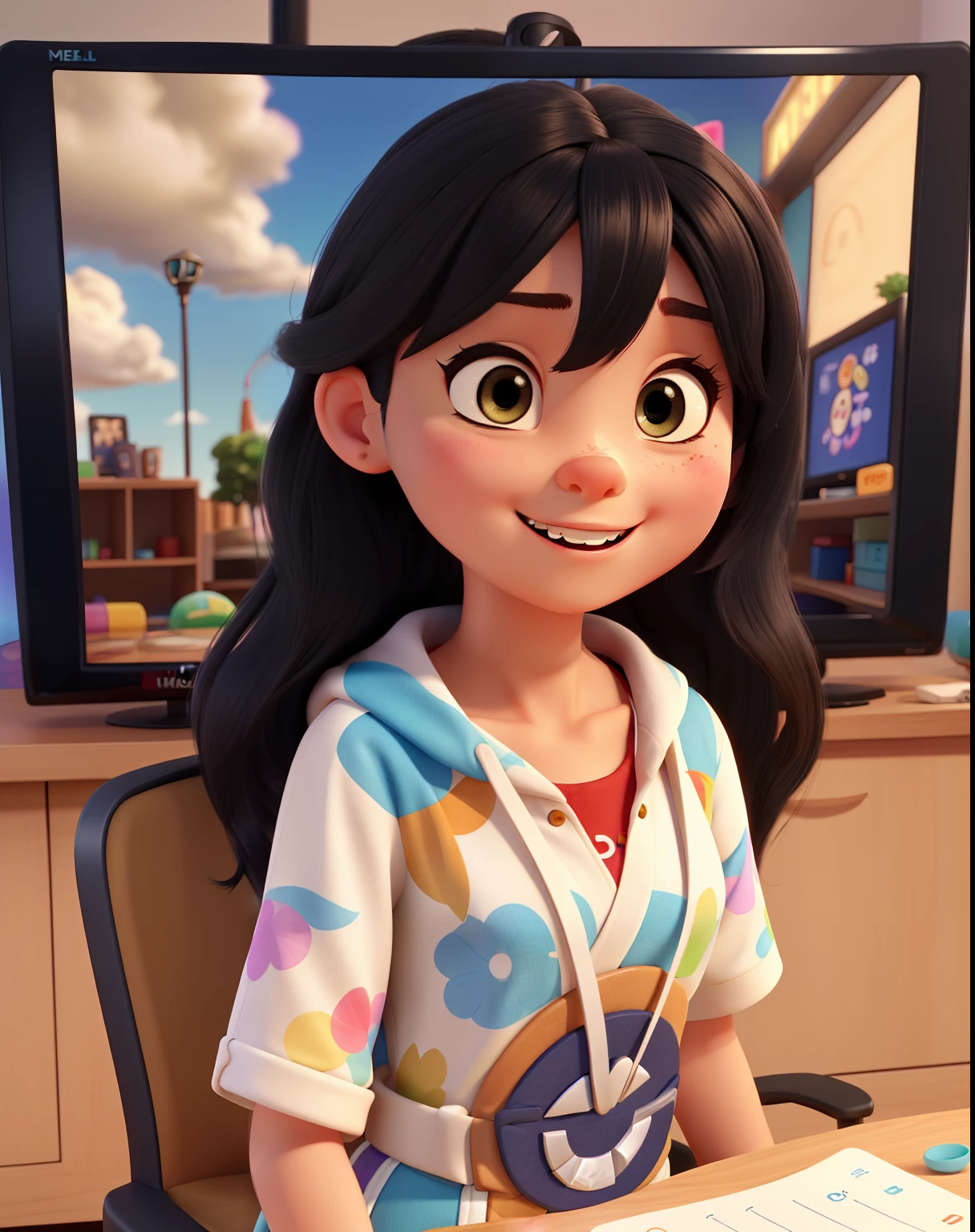 3D Disney/Pixar poster, scenes of an -yeld gi long straight black hair parted in the middle with a front tuft. Beautiful face with a square jaw and square chin. Large mouth and teeth. Slightly slanted eyes with Japanese features, but she's from Brazil. Her skin is light tan. She is a TV presenter of a children's program. She is in a TV studio with a microphone, cameras, and a colorful set. The title is "MELL" in her everyday life.