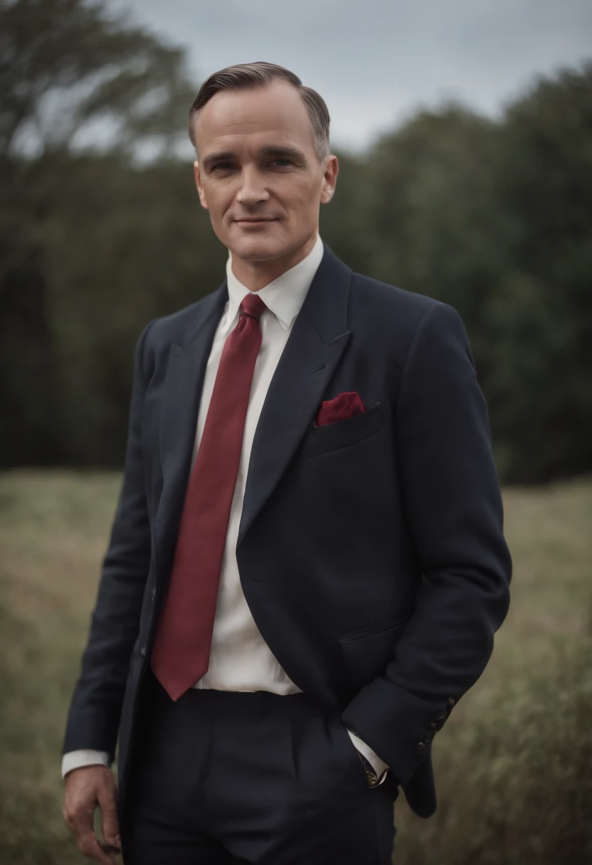 Napoleon Hill com 60 anos vestindo terno preto, camisa branca e gravata vermelha