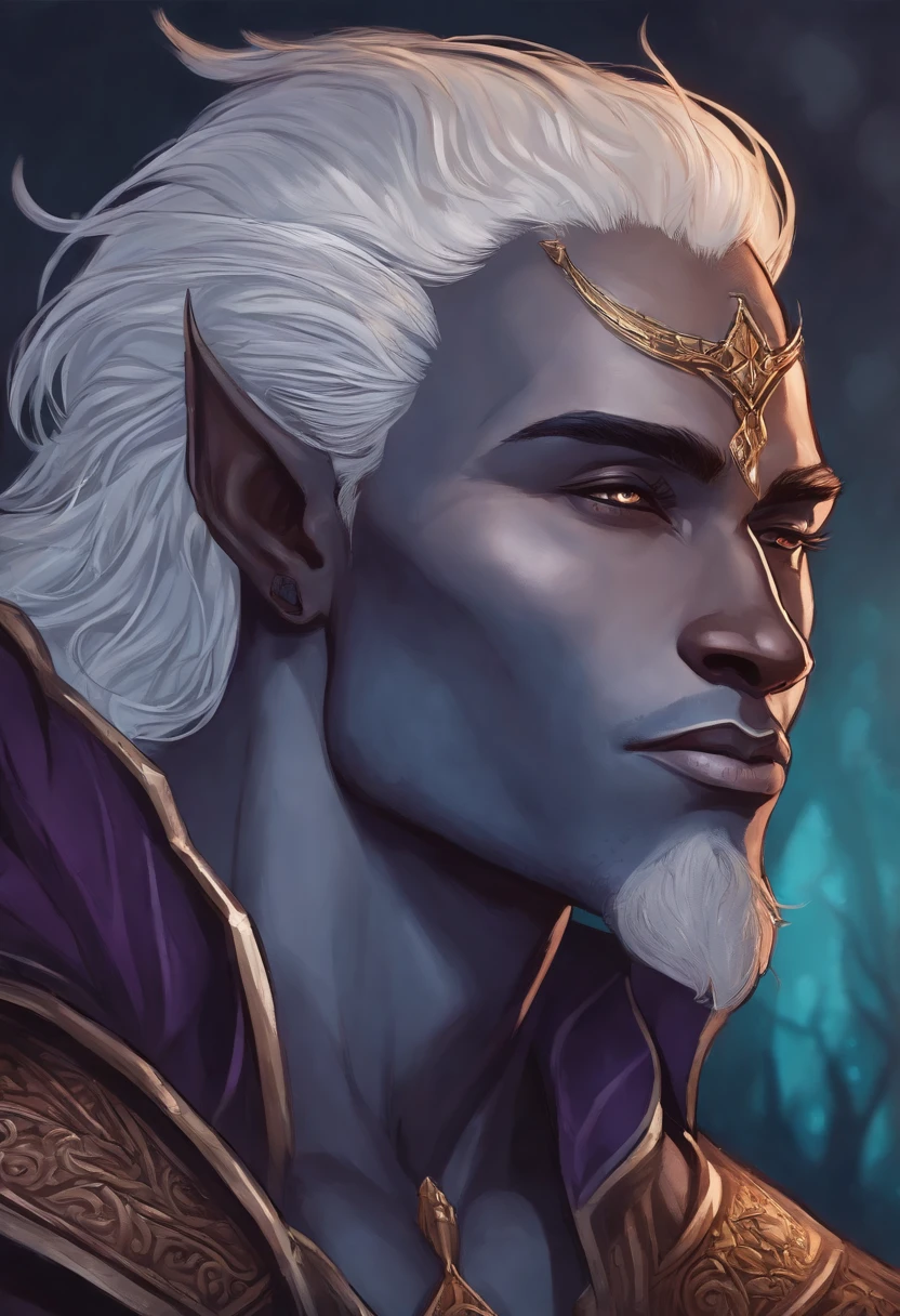 There is a drawing of a man , Retrato de um personagem DND, elfo macho Drow pele branca, bonito Drow, caleb from critical role, humano, pintado no estilo arcano