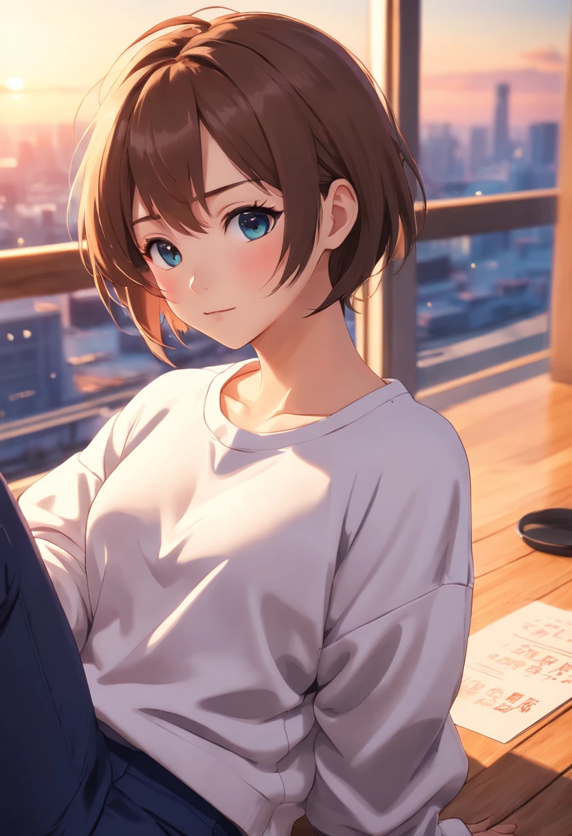 masterpiece, best quality, extraordinary, instagram photos, photorealistic, one-girl, brown-haired, short-haired, in uniform, in classroom, cityscape through window, looking at viewer, 8k beautiful eyes, waifu, beautiful face,neutral Cat ears