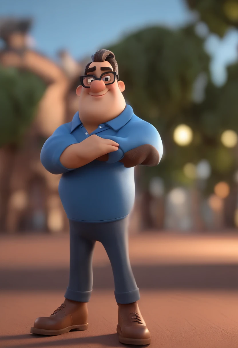 Cartoon character of a man wearing black glasses and a blue shirt, um personagem animado, Caractere estilizado, animation style rendering, 3D estilizado, Arnold Maya render, 3 d render stylized, toon render keyshot, Personagem 3D, Personagem 3D, 3d rendering stylized, 3 d character render, personagem de desenho animado, Personagem de close up, Pose de personagem, (Estilo Pixar) (master part:1.2) (Bokeh) (best quality) (pele detalhada) (textura detalhada) (8k) (argila) (Cinematic lighting) (foco nítido，Senta e vaza a parte superior do corpo