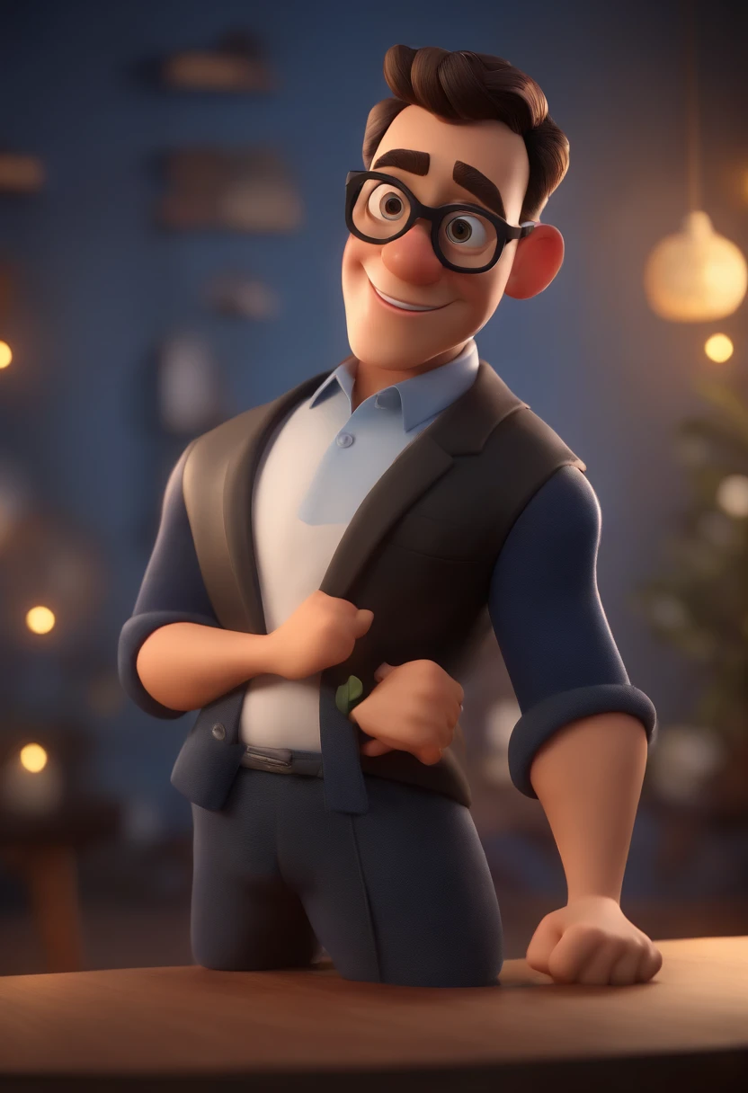 Cartoon character of a man wearing black glasses and a blue shirt, um personagem animado, Caractere estilizado, animation style rendering, 3D estilizado, Arnold Maya render, 3 d render stylized, toon render keyshot, Personagem 3D, Personagem 3D, 3d rendering stylized, 3 d character render, personagem de desenho animado, Personagem de close up, Pose de personagem, (Estilo Pixar) (master part:1.2) (Bokeh) (best quality) (pele detalhada) (textura detalhada) (8k) (argila) (Cinematic lighting) (foco nítido,Senta e vaza a parte superior do corpo