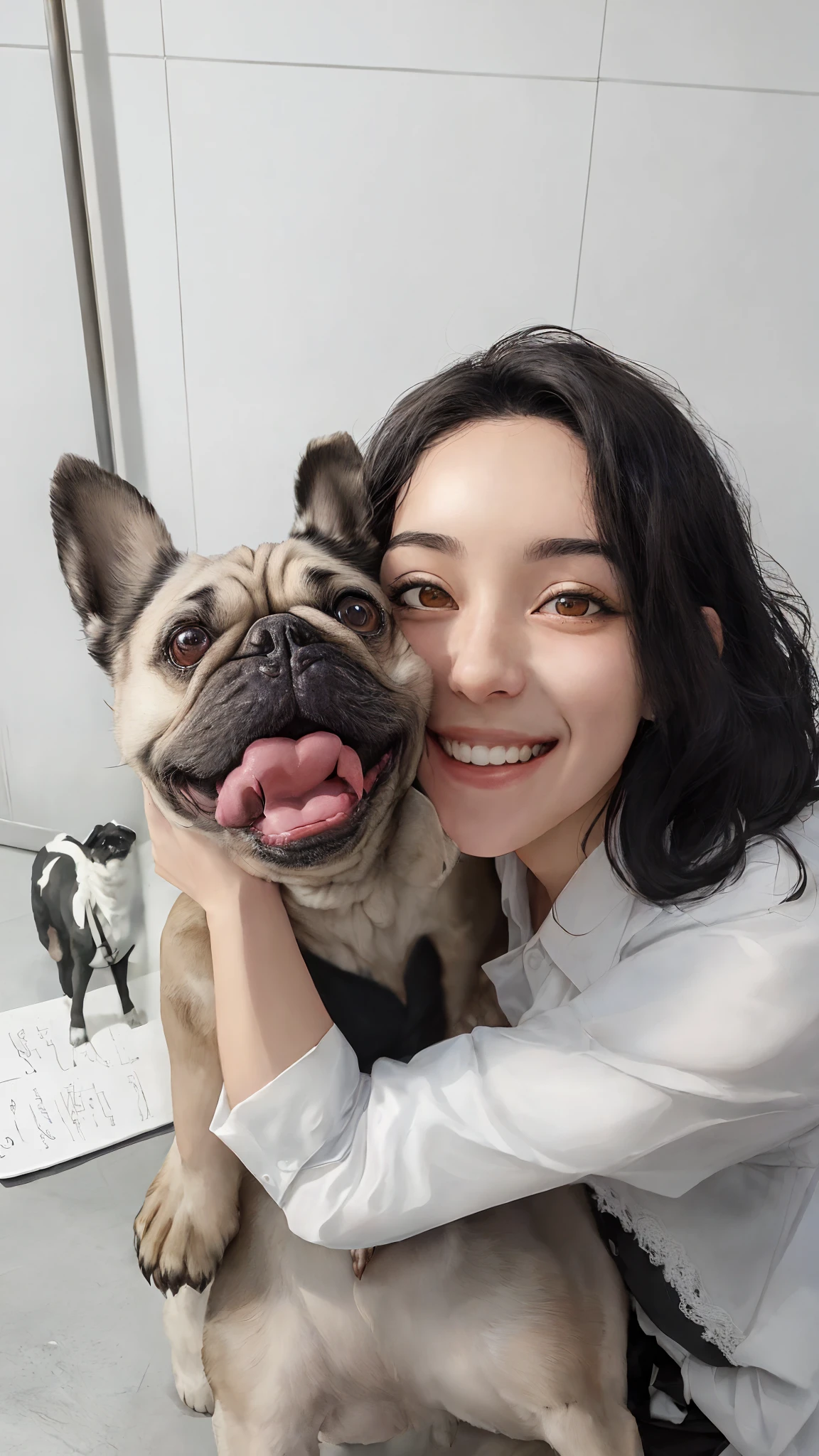 Woman with black hair and a white shirt hugging a dog, selfie of a dog, Directed by: Emma Andijewska, happily smiling at the camera, segurando um pug para uma foto, making the best smug smile, 1614572159, she is smiling and happy, Ayanamikodon e Irakli Nadar