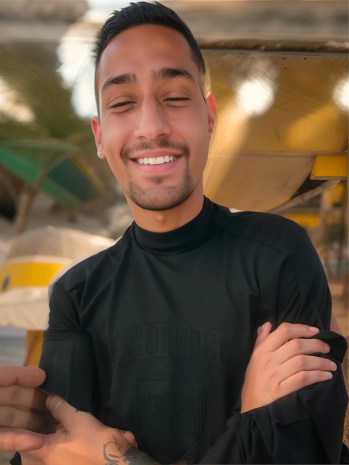 arafed man standing on a beach with a black shirt with a red crest, caio santos, alex miranda, super high resolution, highy detailed, joel torres, profile image, high detial, david rios ferreira, nick silva, profile pic, tony sandoval, high school, igh detailed, alejandro, beach, brian pulido, daniel mirante, alex flores