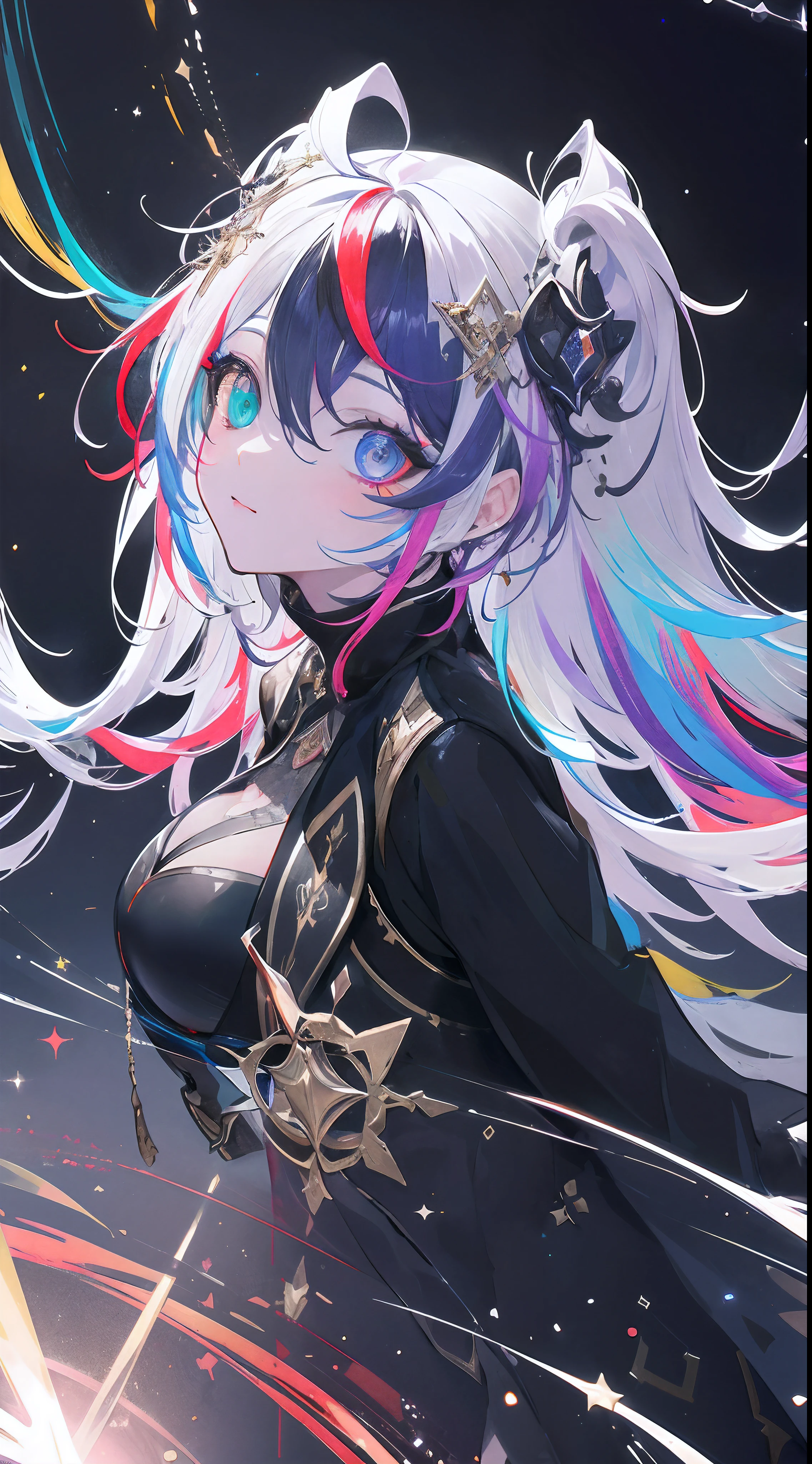 {{masterpiece}}, best quality, extremely detailed CG unity 8k wallpaper, cinematic lighting, lens flare, beautiful detail eyes, black, side glance, multicolor hair, colorful light, particles, heterochromia, (colorful:1.5), (colorful hair:1.5),