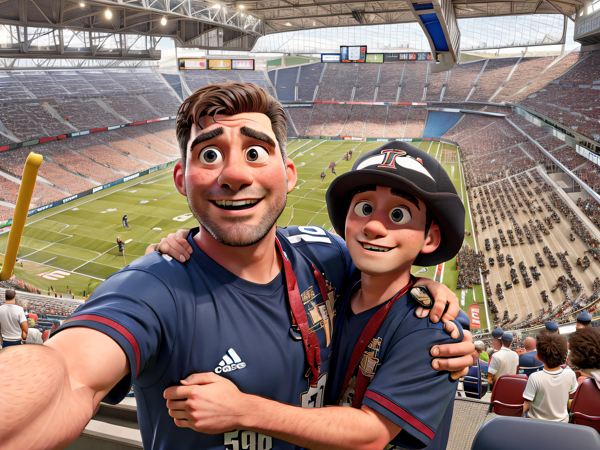 Father and son at football stadium