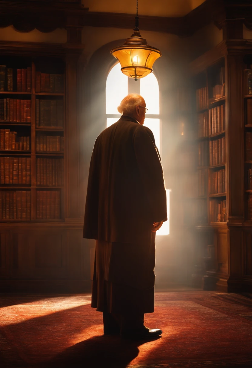 A wise old man standing in front, illuminated by the light of a lamp, against the backdrop of a library