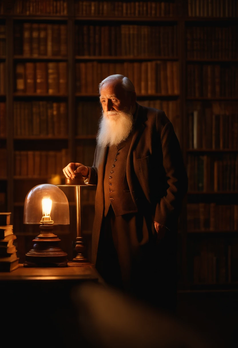 A wise old man standing in front, illuminated by the light of a lamp, against the backdrop of a library