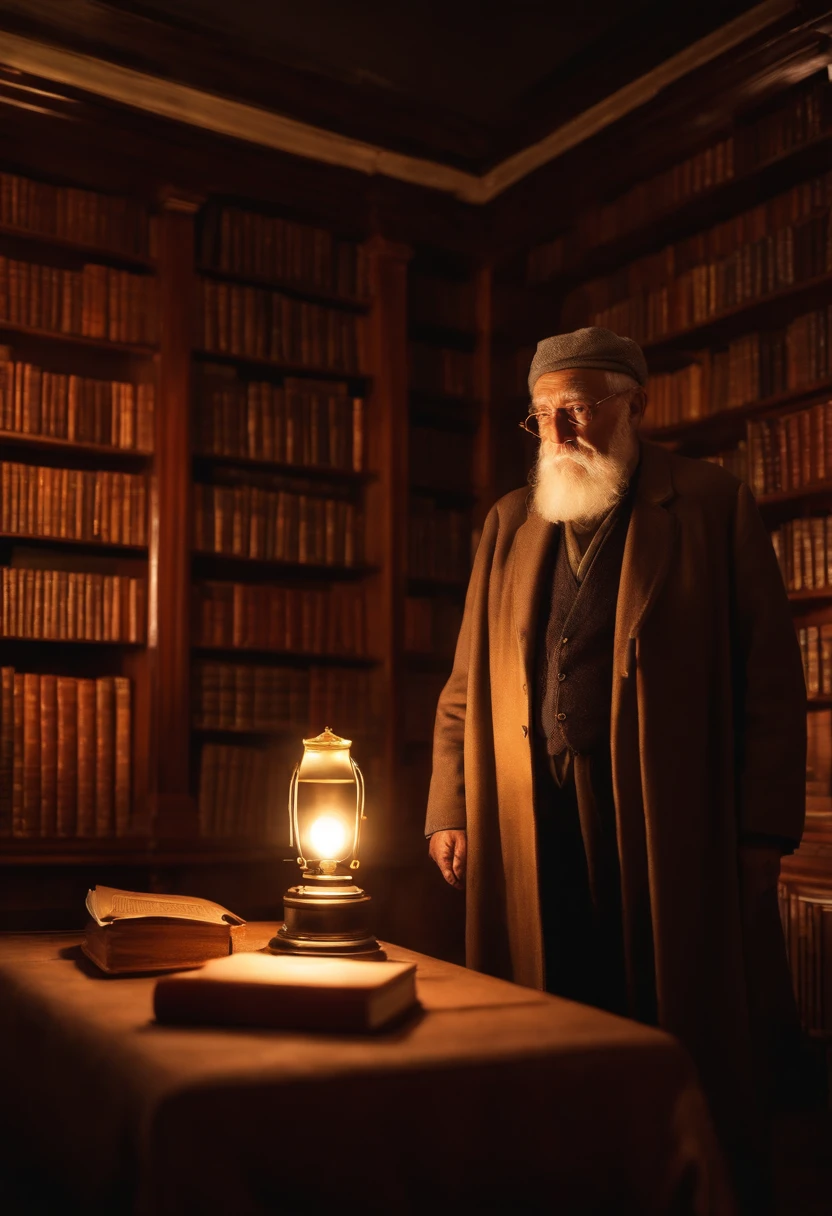 A wise old man standing in front, illuminated by the light of a lamp, against the backdrop of a library