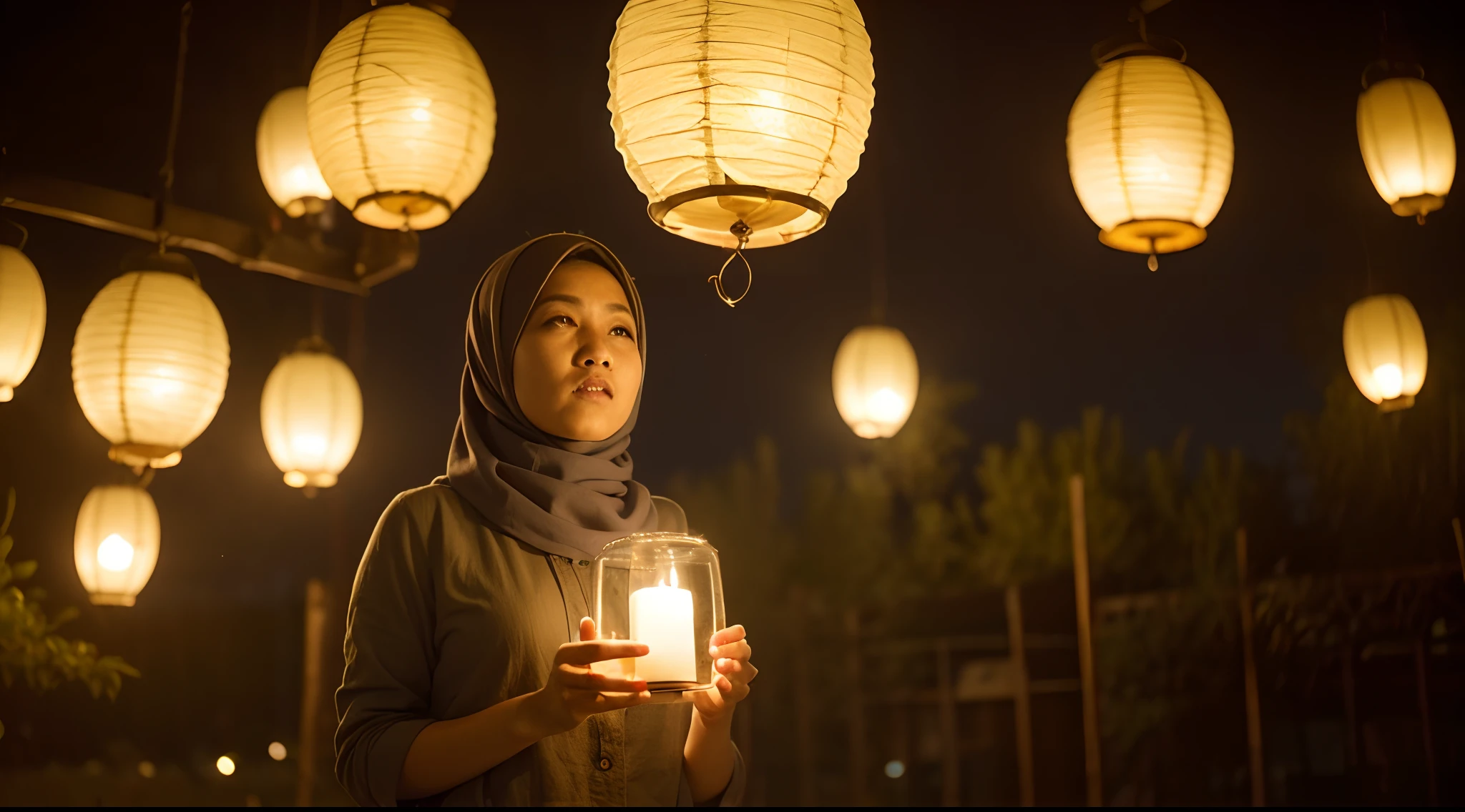 Place the Malay girl with hijab in a night sky filled with floating lanterns, creating a magical and ethereal atmosphere. She's releasing her own lantern into the sky, adding to the enchantment. Panavision DXL2, 28mm lens, Establishing shot, muted color grading, cinemascope, thriller, high quality, ultra detailed, 8k resolution,