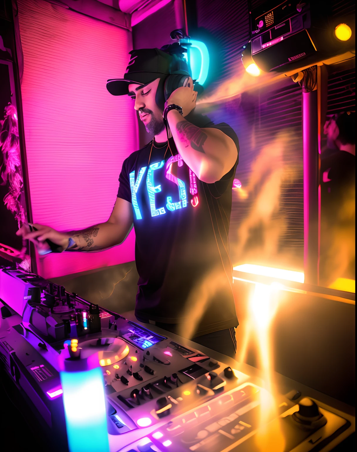 there is a man that is standing in front of a dj, DJ em uma festa, DJING com toca-discos DJ, Conjunto de DJ, tocando techno house music, DJ, Turntablism DJ arranhando, Festa DJ Rave, tredning on art station, Festa Techno, dive bar with a karaoke machine, tranding on art station, XQC