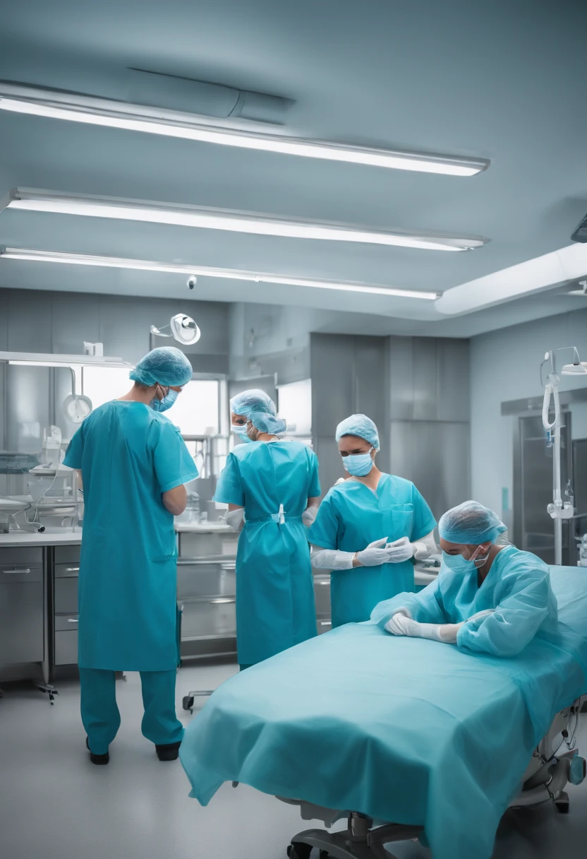 Two handsome doctors in blue gowns and surgical instruments in a hospital, surgery room, surgery, surgery room, cardiac surgery, Hospital, medical photography, Surgical Instruments, medical image, operate, Surgical Supplies, surgical gear, Medical, On the operating table, Surgical effect, medical equipment, surgeon, At the center of the image, Operating table, Dramatic shots, View from above, Light without shadows, Bloods, looking-down, 2 male surgeons, 3 female nurses, looking-down, Anime style, View from directly above, Cutting the belly