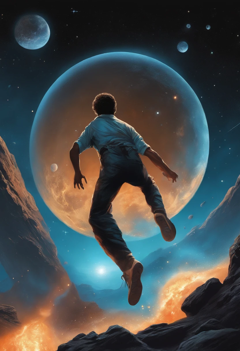 Draw a young black runner running on a research platform floating in the middle of an asteroid belt. He's running around in a pair of light blue sneakers, short preto e camisa branca, surrounded by several asteroids glowing with auras of fire. The dramatic illumination of distant stars and planets illuminates the scene, casting deep shadows on the costume. O jovem parece confiante e determinado, looking at the vast and mysterious universe with wonder and respect, sem barba, cabelo raspado, tiro de cowboy,