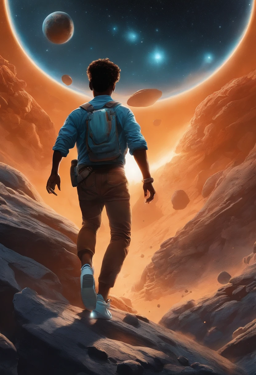 Draw a young black runner running on a research platform floating in the middle of an asteroid belt. He's running around in a pair of light blue sneakers, short preto e camisa branca, surrounded by several asteroids glowing with auras of fire. The dramatic illumination of distant stars and planets illuminates the scene, casting deep shadows on the costume. O jovem parece confiante e determinado, looking at the vast and mysterious universe with wonder and respect, sem barba, cabelo raspado, tiro de cowboy,