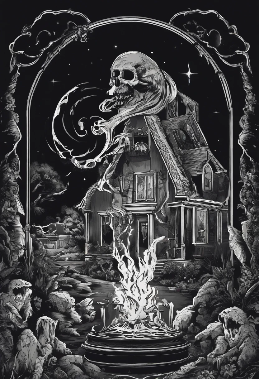 /imagine prompt: poltergeist illustration for a sticker with a black background, in bold outline style, jagged edges, trashcore, light shading --v 5.2