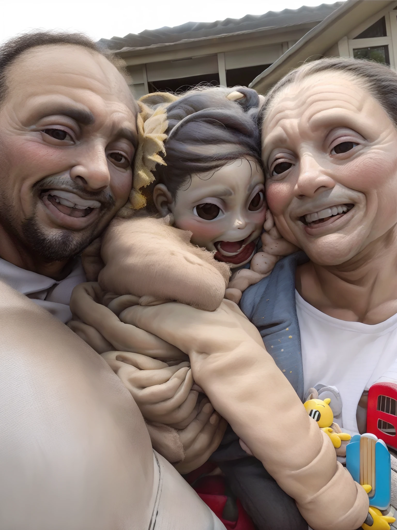 Smiling family posing for a photo in front of a house, divertindo-se, In Sao Paulo, Malika Favre, fami, Mulher de 30 anos de Cuba, Happy family, São Paulo, 2 0 1 9, 2019, andrea rocha, portrait of family of three, circunstanciado!, 3 5 year brazilian mother