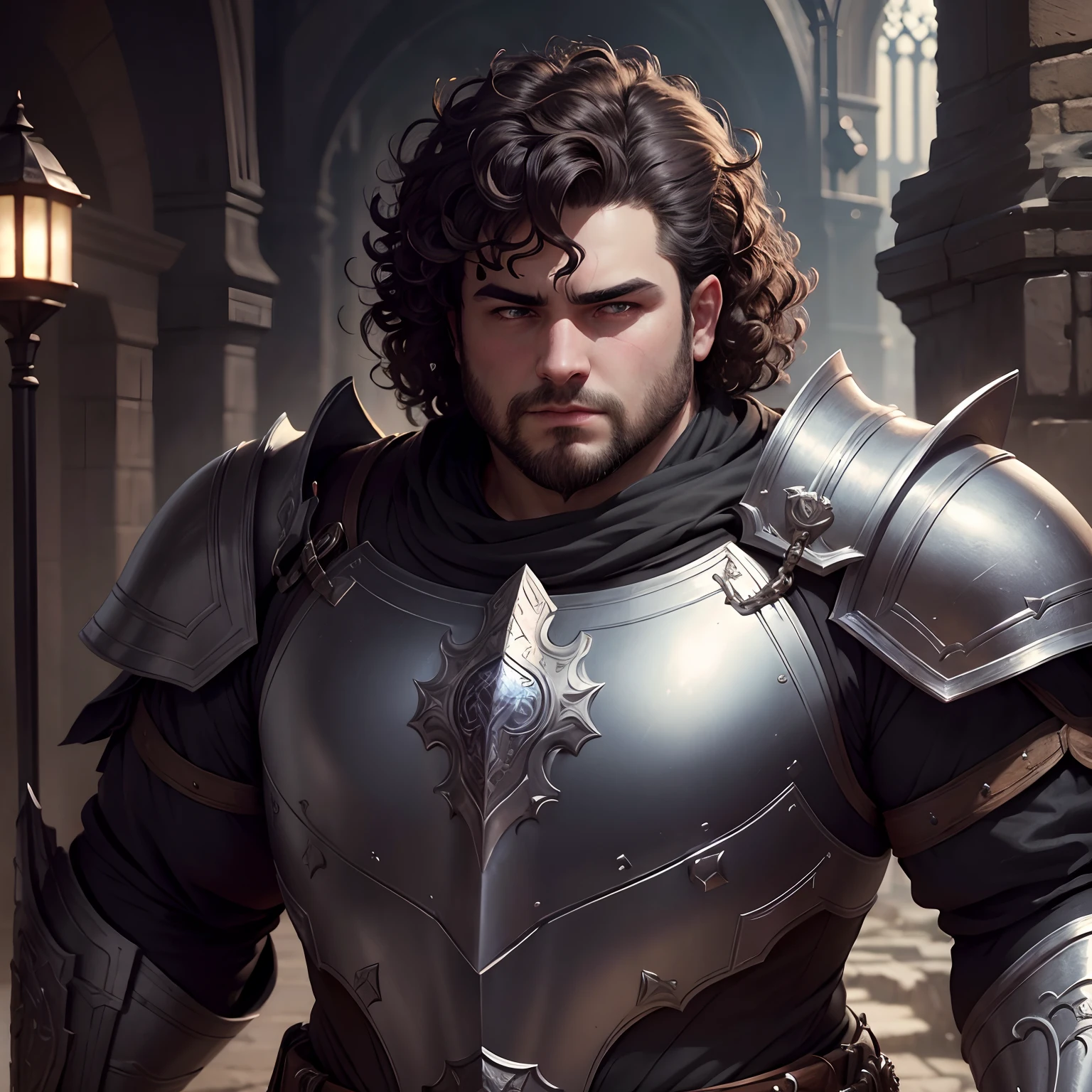 ((masterpiece)), (8k, high_resolution), (best quality), (curly hair), fat man, open eyes, dark eyes, standing pose, short haircut, full body, detailed hands, beautiful eyes, detailed eyes, dark hair, fantasy man, (man), male, ultra-detailed, looking at camera, fat face, detailed background, purple lighting, fantasy art, (fantasy game character), front view, official artwork, (wearing silver armor), cinematic lighting, details, detailed armor, mmo, mmorpg, lineage 2, (looks at camera), medieval clothes, short hair