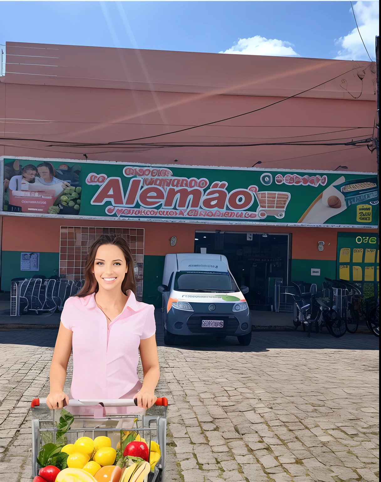 mulher segurando um carrinho de compras cheio de frutas e legumes, foto para uma loja, Foto realista, advertising photo