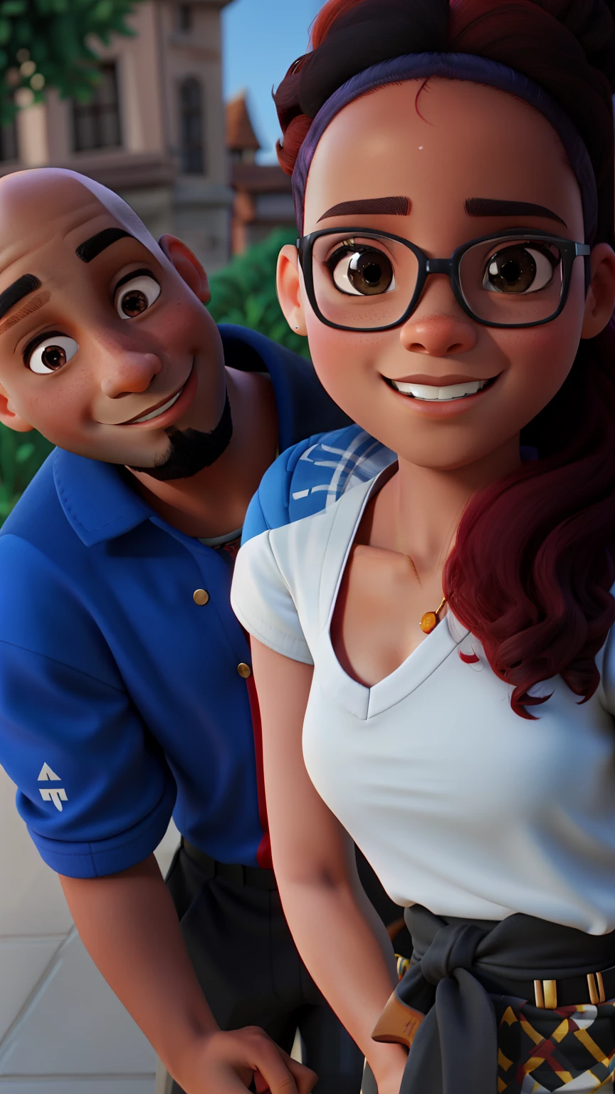 Bald prince and black princess with red hair in a square