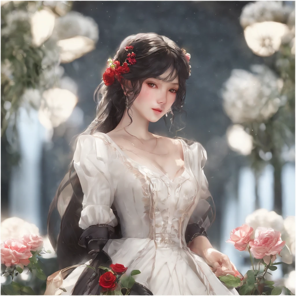 anime girl with long black hair and a white dress with red roses, guweiz, guweiz on pixiv artstation, detailed digital anime art, beautiful anime girl, guweiz on artstation pixiv, anime style 4 k, kawacy, beautiful anime portrait, detailed portrait of anime girl, beautiful anime woman, detailed anime art
