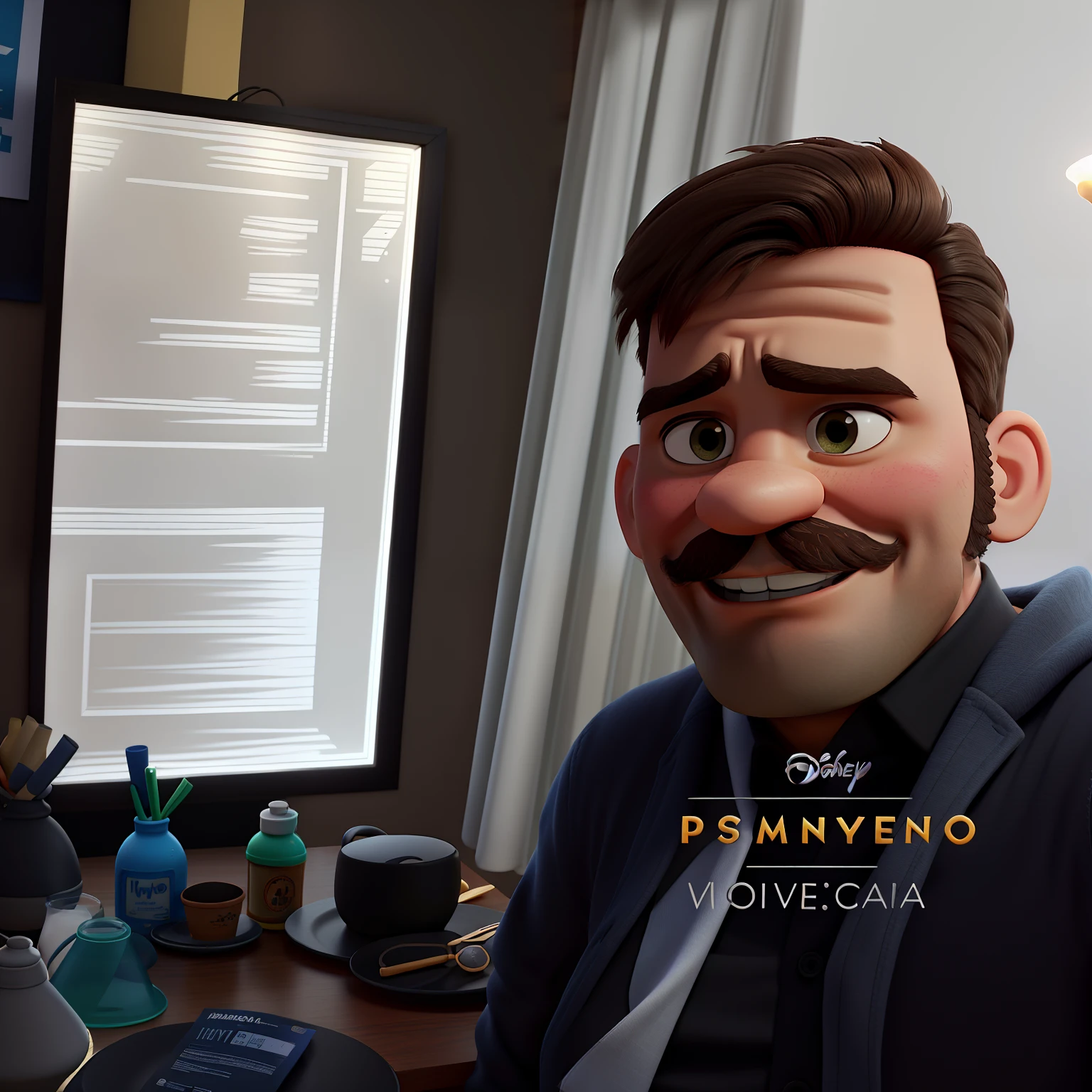 Poster no estilo Disney pixar, alta qualidade, melhor qualidade, homem sexy branco, 30 anos cabelo grisalho barba preta, musculoso, com fundo em um restaurante a luz de velas