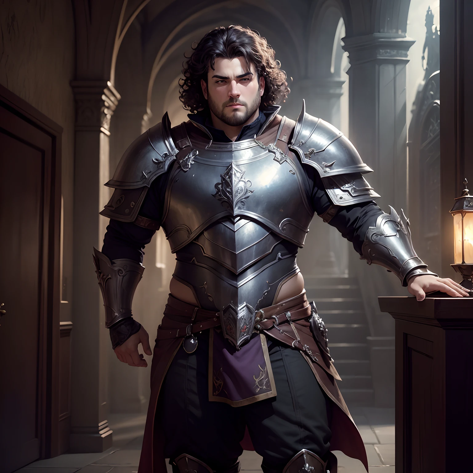 ((masterpiece)), (8k, high_resolution), (best quality), (curly hair), fat man, clean-shaven, open eyes, dark eyes, standing pose, short haircut, full body, detailed hands, beautiful eyes, detailed eyes, dark hair, fantasy man, (man), male, ultra-detailed, looking at camera, fat face, detailed background, purple lighting, fantasy art, (fantasy game character), front view, official artwork, (wearing silver armor), cinematic lighting, details, detailed armor, mmo, mmorpg, lineage 2, (looks at camera), medieval clothes, short hair