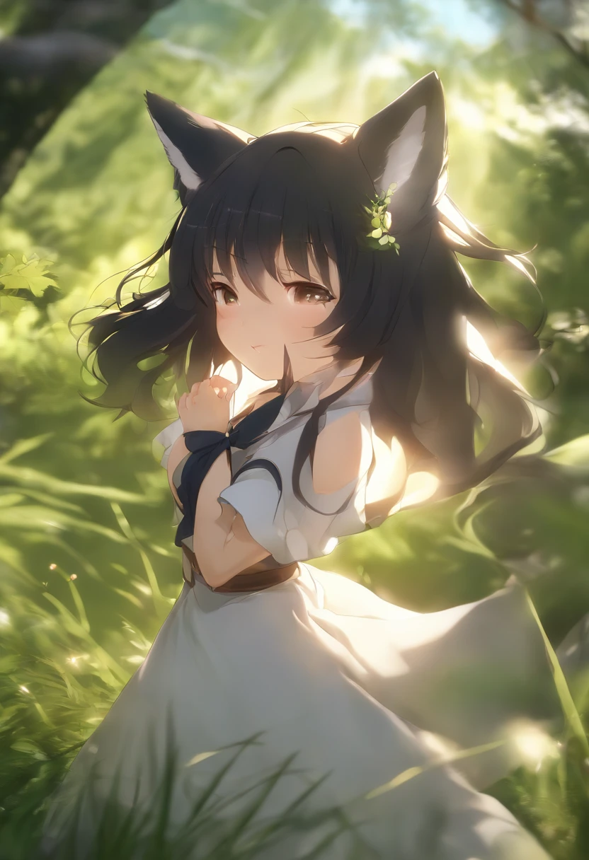 A pretty anime girl, that its under the sun light in the hill, rounded by a lot of green grass, and som trees, and a bit of wind its moving her hair, she has, black hair, and fox ears, it a semi-human, semi-fox, she, its not showing too much skin, the camera its far from her, eye reflection, smile, Wide-Angle, anime, god rays, panorama, UHD, masterpiece, 4K, anatomically correct, high details, super detail --auto