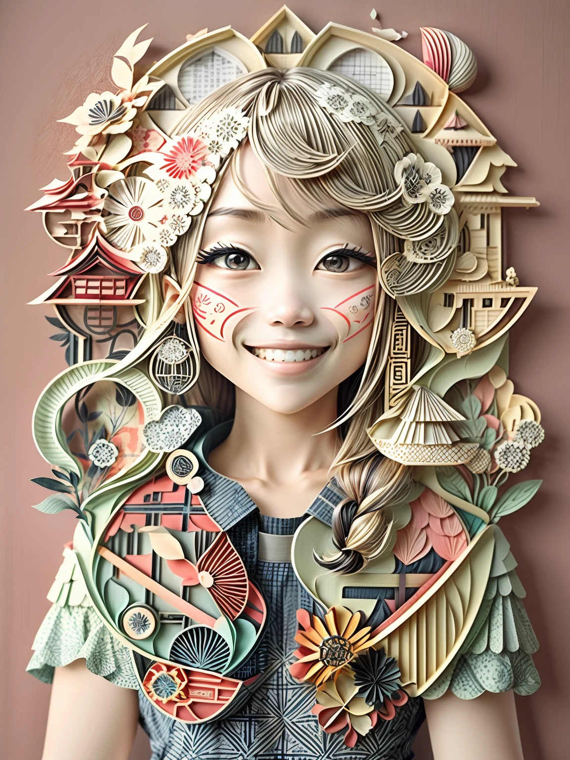 (masutepiece), (Best quality),1girll、orthofacial、hair adornments、Smile、Geometric pattern background、disarray、paper cut out:1.8
