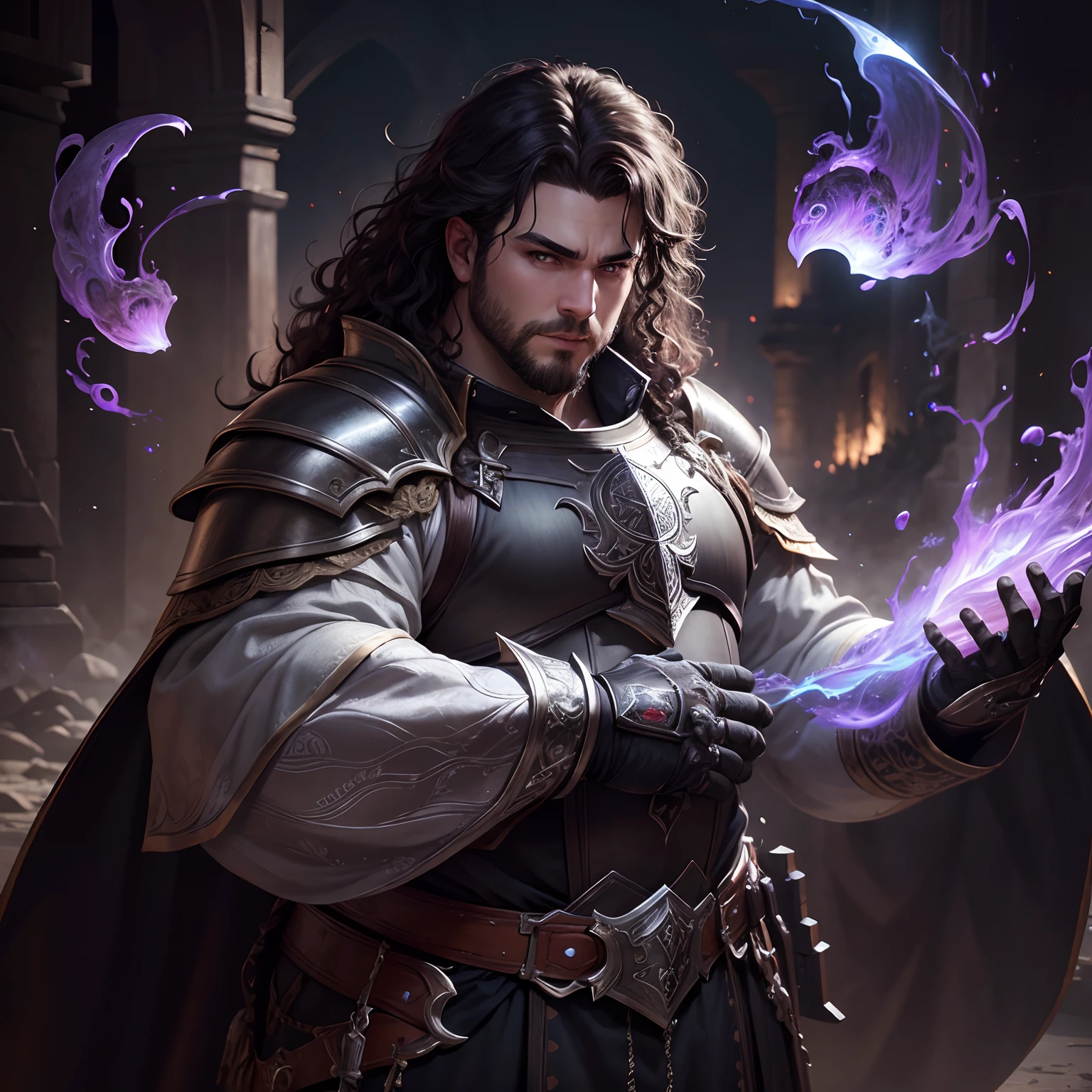 ((masterpiece)), (8k, high_resolution), (best quality), (curly hair), fat man, open eyes, dark eyes, standing pose, full body, detailed hands, beautiful eyes, detailed eyes, dark hair, fantasy man, (man), male, ultra-detailed, looking at camera, fat face, detailed background, purple lighting, fantasy art, (fantasy game character), front view, official artwork, (wearing silver armor), cinematic lighting, details, detailed armor, mmo, mmorpg, lineage 2, (looks at camera), medieval clothes