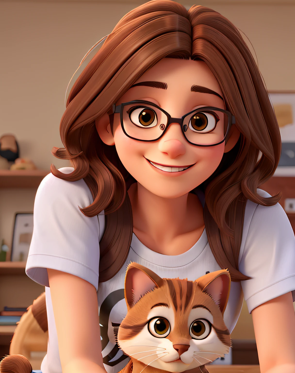 beautiful woman, 40 years old, straight brown hair, dark brown eyes, glasses, wearing a t-shirt with a cat drawn on it, smiling