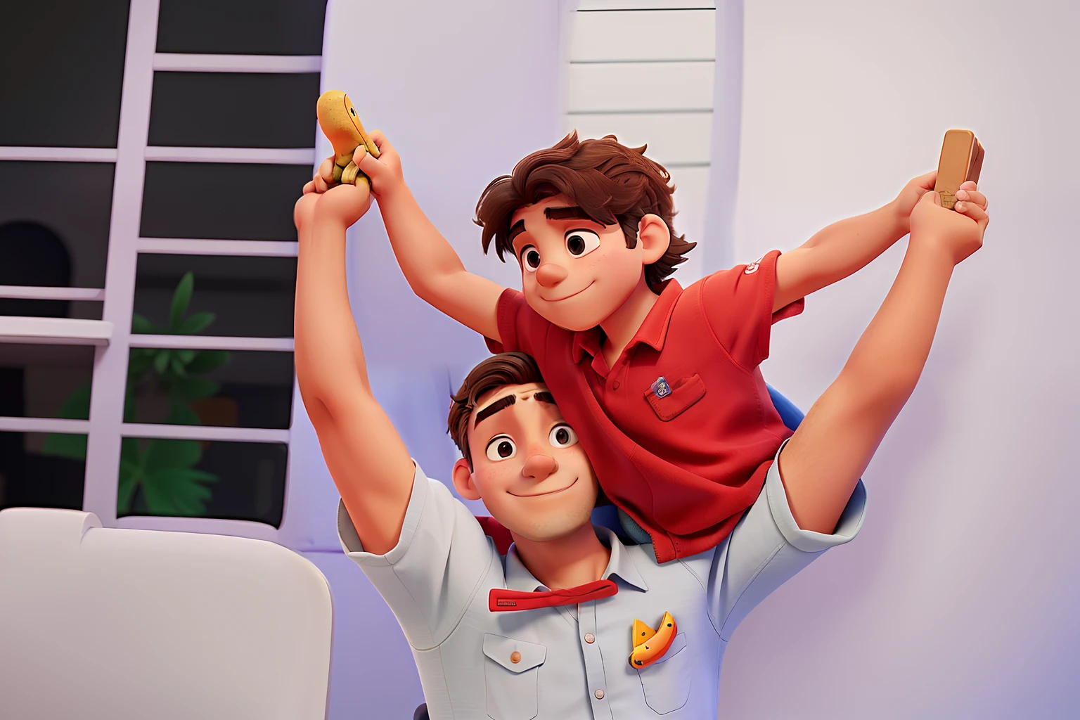 Man with boy on shoulder making airplane.
