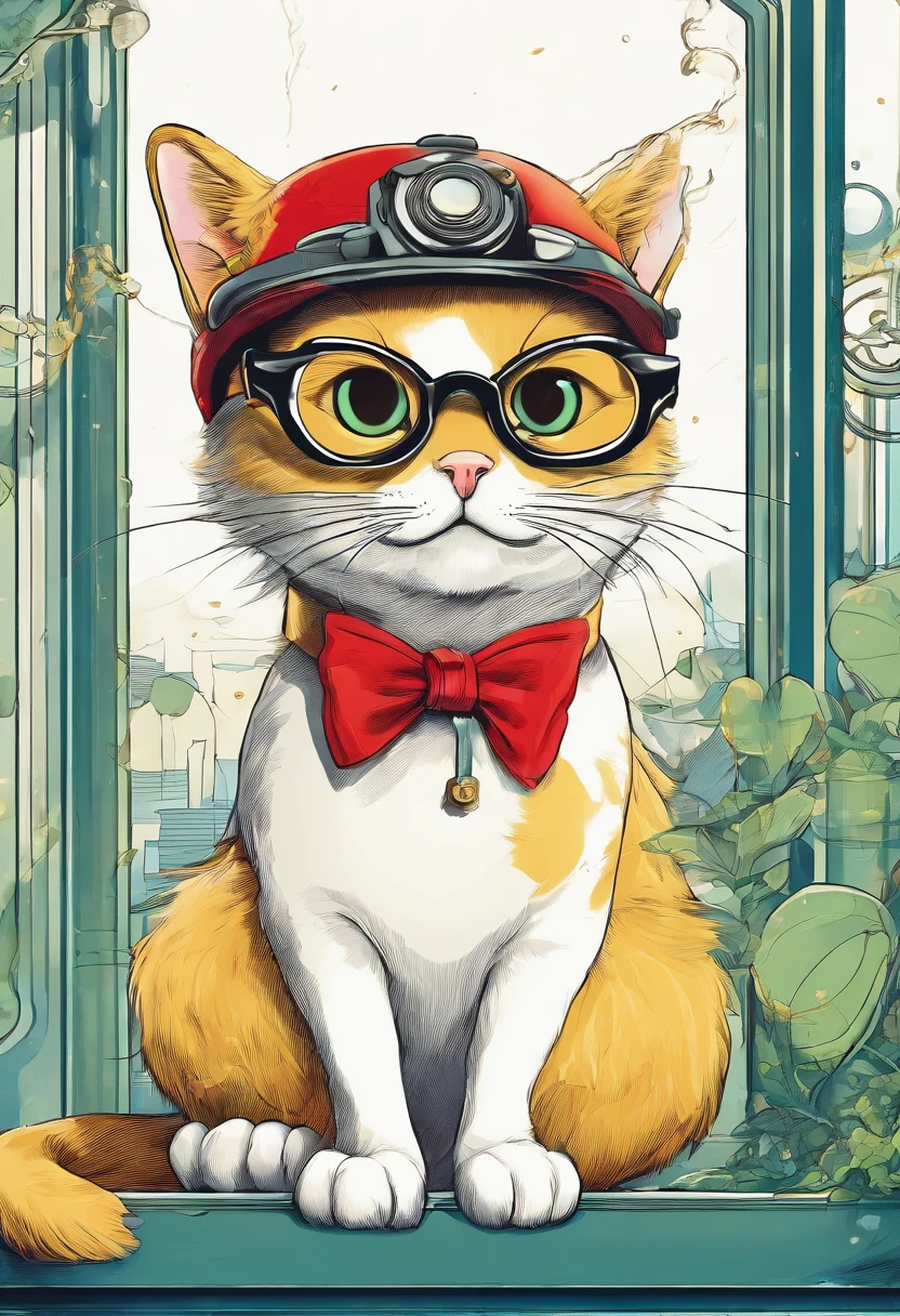 Golden gradation cat,Sit on a windowsill overgrown with plants,Hopeful eyes,Line,artwork of a, High quality, Wearing a red hat,Wear cool glasses