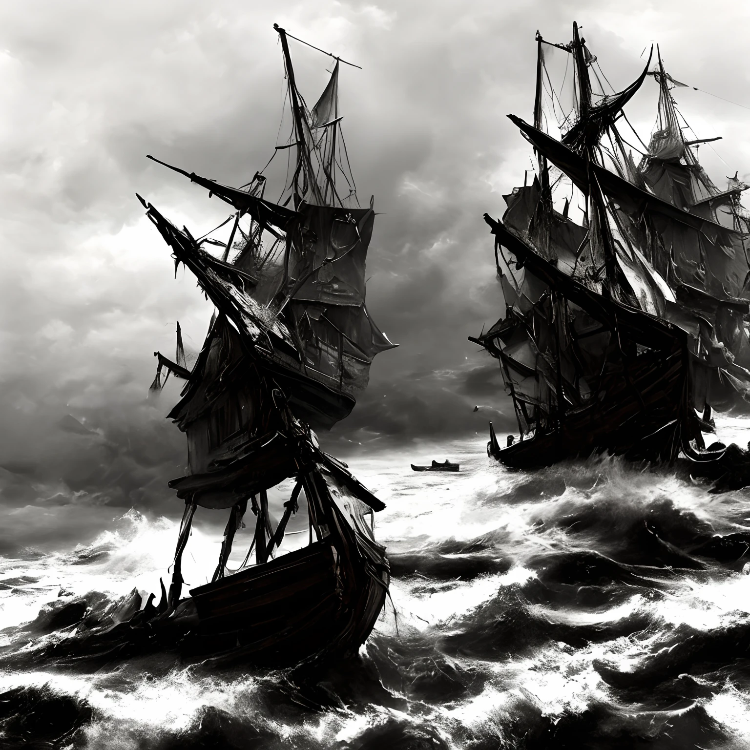 ​masterpiece、hightquality、Landscape painting、Detailed landscape painting、Very dark sky、Thick black clouds、In the darkness、Pitch Black Darkness、a dark night、Wide ocean、Ōlan、Detailed heavy rain、Detailed raindrops、Dazzling lightning、Detailed lightning、The sea is very intense and rough、Very large waves、Wooden vessels、Tattered wooden ship、Ship cemetery、Wooden Zombie Ship、Wooden Bone Boat、A decaying wooden ghost ship wandering through a thunderstorm、The sails are tattered and hanging、Rotten sails、Torn sails、Torn sails、Perforated sail、Broken mast、Tattered mast、Tattered hull、There are holes in some places、The hull is rotting、Detailed battered wooden ghost ship、Crumbling wooden ghost ship、Wooden Black Ghost Ship、The wooden ghost ship is heavily tilted、Black fog around a wooden ghost ship、Black aura、Wrecked wooden ghost ship、Shipwrecked and broken、A sinking wooden ghost ship、Missing mast、Pale flame、There are a lot of pale flames floating in the air