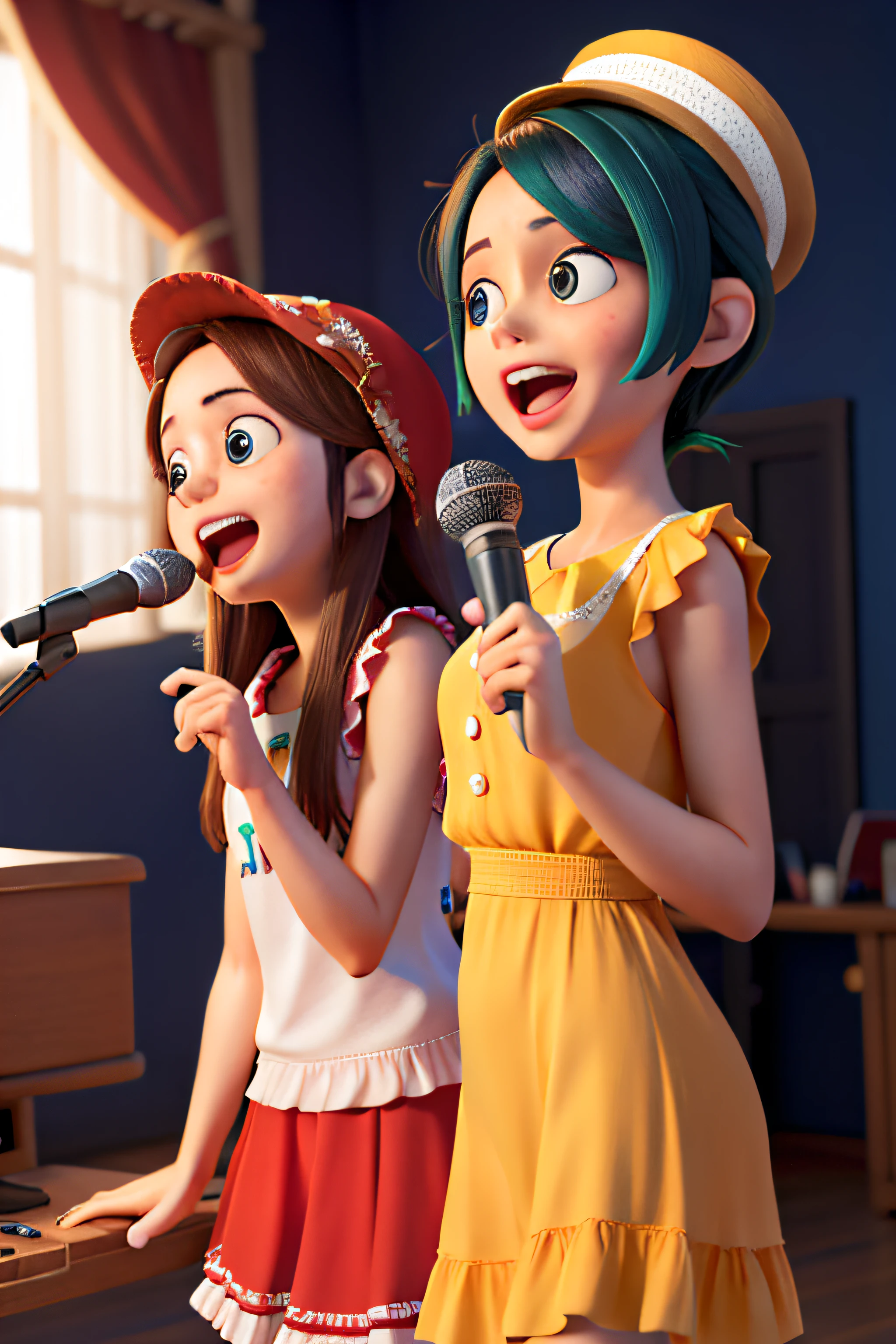 A row of animated microphones singing on a stage, very cheerful dresses, with musical instruments such as accordion, maracas, guitar, trumpet and harp