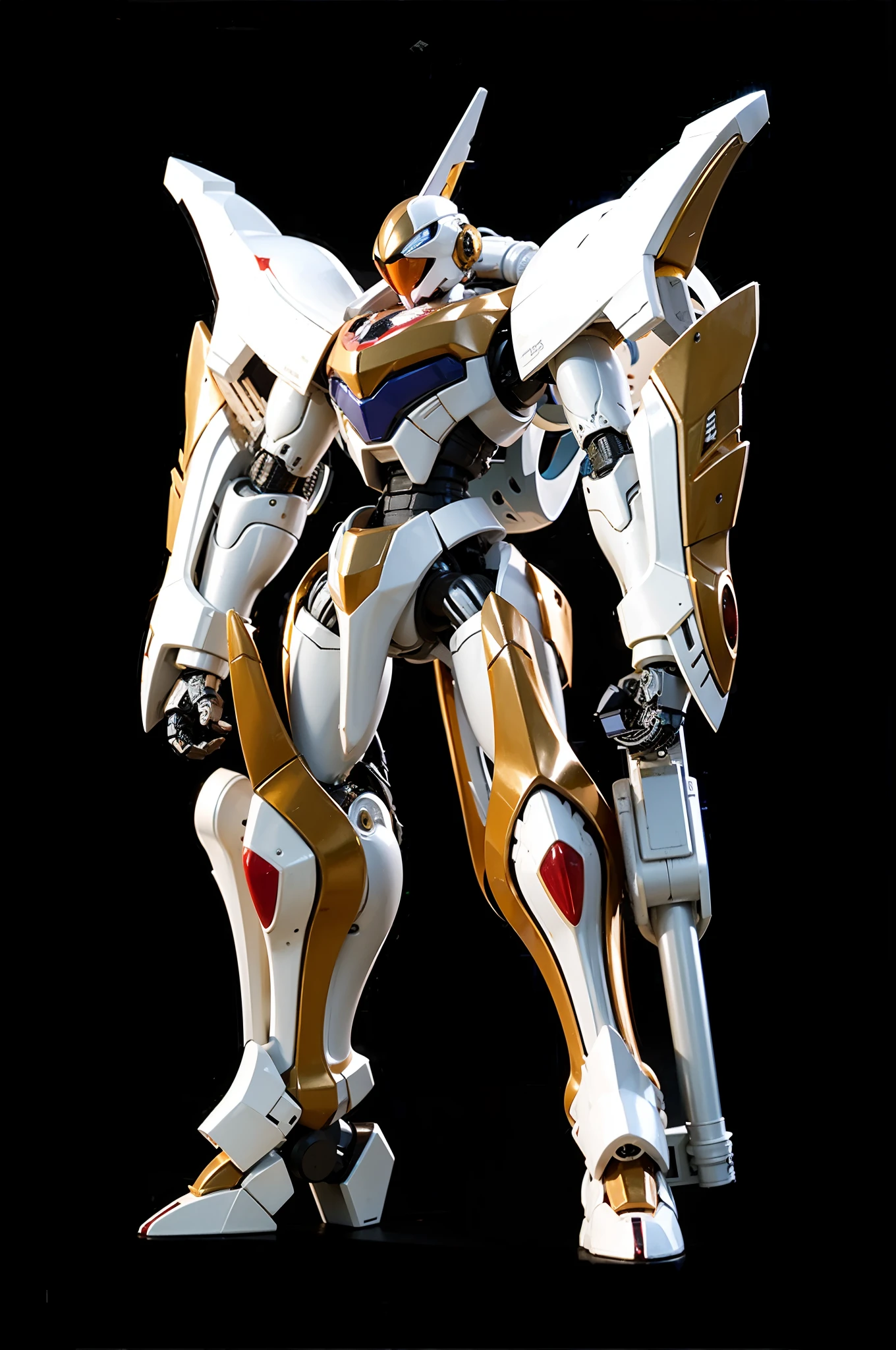 Ultra-realistic technological mecha robot, com partes de metais brancas, douradas e pretas, vidro vermelho no peito e joelhos