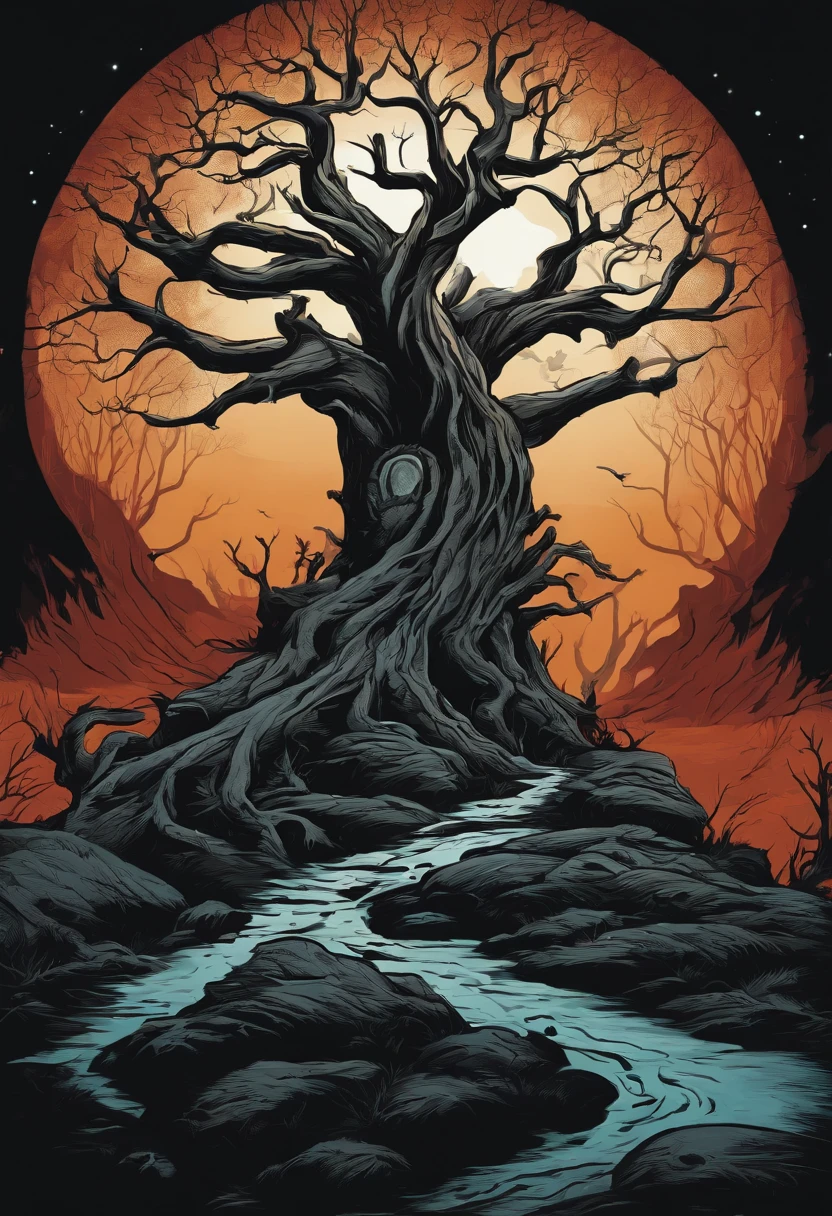 /imagine prompt: evil tree illustration for a sticker with a black background, in bold outline style, jagged edges, trashcore, light shading --v 5.2